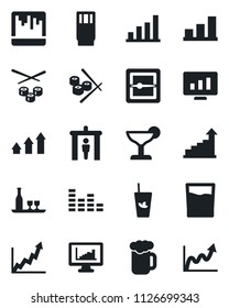 Set of vector isolated black icon - security gate vector, growth statistic, monitor, equalizer, scanner, statistics, bar graph, alcohol, drink, cocktail, phyto, beer, sushi, arrow up