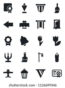 Set of vector isolated black icon - left arrow vector, pennant, garden light, tulip, themes, bell, sertificate, restaurant table, candle, door, pennon, certificate