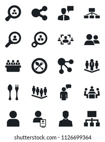 Set of vector isolated black icon - spoon and fork vector, speaking man, team, meeting, patient, group, user, hr, company, client search, consumer, social media, hierarchy