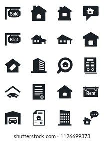 Set of vector isolated black icon - office building vector, house, contract, with garage, estate document, rent, sold signboard, search, smart home, city, message