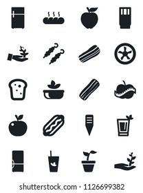 Set of vector isolated black icon - seedling vector, plant label, diet, fridge, drink, phyto bar, salad, bacon, bread, kebab, hot dog, apple fruit, fan, palm sproute