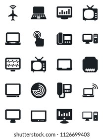 Set of vector isolated black icon - plane radar vector, wireless notebook, pc, statistic monitor, pulse, tv, touch screen, laptop, hdmi, statistics, intercome