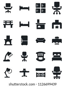 Set of vector isolated black icon - bed vector, checkroom, bench, fireplace, office chair, desk lamp, bedroom, children room, cushioned furniture, restaurant table, alcove, fridge