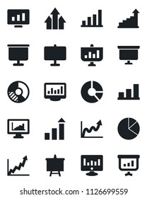 Set of vector isolated black icon - growth statistic vector, presentation board, monitor, circle chart, statistics, bar graph, pie, arrow up