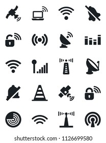 Set of vector isolated black icon - antenna vector, wireless notebook, border cone, radar, satellite, equalizer, mute, cellular signal, lock