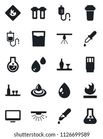Set of vector isolated black icon - water drop vector, dropper, flammable, monitor, alcohol, drink, filter, sprinkler, flask