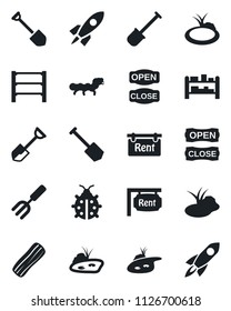 Set of vector isolated black icon - job vector, garden fork, shovel, lady bug, caterpillar, pond, rack, rent, bacon, open close, rocket