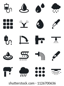 Set of vector isolated black icon - crisis graph vector, watering, water drop, rain, drip irrigation, dropper, menu, supply, sprinkler