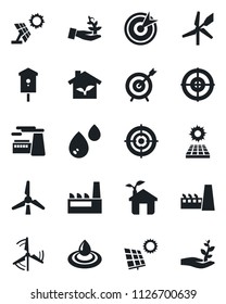Set of vector isolated black icon - factory vector, bird house, target, sun panel, windmill, eco, water, palm sproute