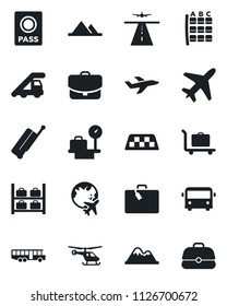 Set of vector isolated black icon - plane vector, runway, taxi, suitcase, baggage trolley, airport bus, passport, ladder car, helicopter, seat map, luggage storage, scales, globe, mountains, case