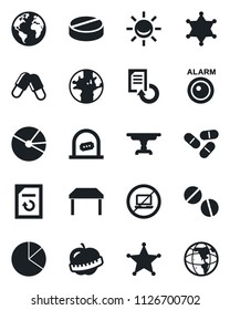 Set of vector isolated black icon - no laptop vector, ticket office, document reload, pills, diet, earth, pie graph, table, police, alarm led