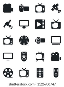 Set of vector isolated black icon - tv vector, reel, satellite, video camera, remote control, monitor