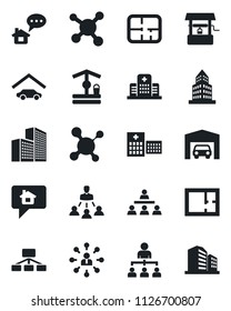 Set of vector isolated black icon - hierarchy vector, well, molecule, hospital, office building, garage, plan, home message