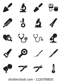 Set of vector isolated black icon - trowel vector, pruner, saw, stethoscope, blood pressure, thermometer, heart diagnostic, microscope, scalpel, microphone