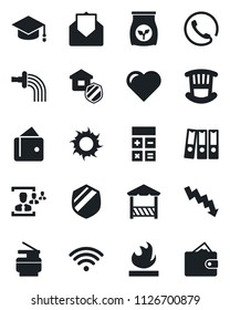 Set of vector isolated black icon - calculator vector, graduate, crisis graph, watering, sun, fertilizer, heart, shield, flammable, mail, hr, paper binder, copier, children room, wireless, phone
