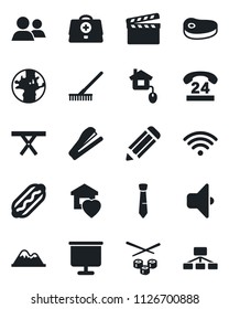 Set of vector isolated black icon - pencil vector, rake, picnic table, doctor case, earth, 24 hours, clapboard, group, presentation board, tie, stapler, mountains, sweet home, wireless, steak, sushi