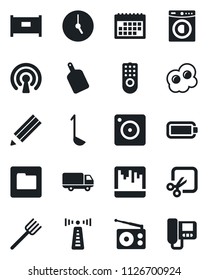 Set of vector isolated black icon - antenna vector, fence, farm fork, car delivery, radio, mobile camera, clock, scanner, folder, cut, battery, calendar, pencil, washer, ladle, cutting board