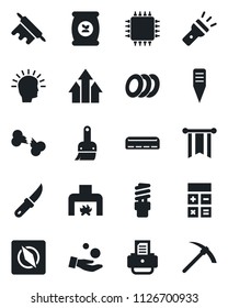 Set of vector isolated black icon - calculator vector, printer, garden knife, plant label, fertilizer, broken bone, themes, torch, compass, fireplace, air conditioner, plates, rolling pin, chip