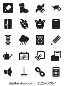 Set of vector isolated black icon - alarm clock vector, rake, watering can, wheelbarrow, boot, rain, satellite, traffic light, flame disk, speaker, chain, notes, cut, document folder, pencil, fridge
