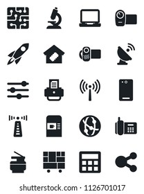 Set of vector isolated black icon - antenna vector, coffee machine, printer, microscope, office phone, consolidated cargo, satellite, video camera, network, laptop pc, back, tuning, calculator, chip