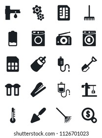 Set of vector isolated black icon - trowel vector, shovel, rake, drip irrigation, dropper, radio, low battery, rca, sim, stapler, washer, crane, gear, water filter, thermometer, money search