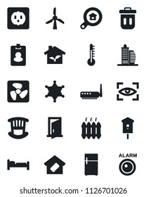 Set of vector isolated black icon - bed vector, bird house, office building, estate search, children room, heater, smart home, eco, socket, fan, router, thermometer, eye scan, police, trash bin