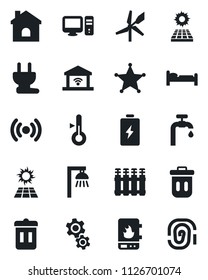 Set of vector isolated black icon - bed vector, house, sun panel, water supply, power plug, heater, wireless, pc, gear, thermometer, radiator, outdoor lamp, garage gate control, police, trash bin