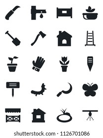 Set of vector isolated black icon - fence vector, job, flower in pot, ladder, seedling, glove, butterfly, house, sickle, garden knife, axe, plant label, caterpillar, pond, drip irrigation, salad