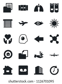 Set of vector isolated black icon - automatic door vector, left arrow, sun, plane, office building, book, heart hand, lungs, eye, molecule, folder document, record, house, estate search, omelette
