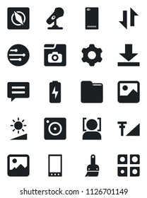 Set of vector isolated black icon - microphone vector, mobile, phone back, message, camera, gallery, settings, themes, network, folder, data exchange, download, brightness, compass, face id, photo