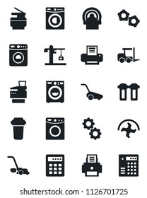 Set of vector isolated black icon - washer vector, fork loader, gear, ripper, lawn mower, tomography, printer, copier, crane, water filter, combination lock