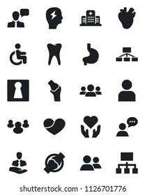 Set of vector isolated black icon - female vector, brainstorm, disabled, heart hand, stomach, real, tooth, joint, hospital, client, speaker, group, user, hierarchy
