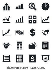 Set of vector isolated black icon - dollar sign vector, calculator, receipt, bar graph, pie, abacus, point, handshake, contract, credit card, arrow up, growth, money search, cash, presentation