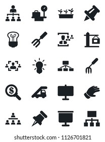 Set of vector isolated black icon - ladder car vector, luggage scales, hierarchy, garden fork, glove, seedling, paper pin, presentation board, hr, crane, bulb, money search