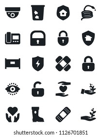Set of vector isolated black icon - fence vector, trash bin, lock, boot, hose, patch, heart hand, protect, eye id, estate insurance, intercome, home, surveillance, palm sproute