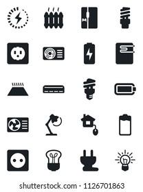 Set of vector isolated black icon - battery vector, charge, desk lamp, heater, air conditioner, fridge, home control, socket, power plug, water, warm floor, bulb, energy saving, idea