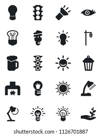 Set of vector isolated black icon - sun vector, bulb, garden light, eye, traffic, torch, desk lamp, fireplace, beer, energy saving, alarm led, idea, palm sproute