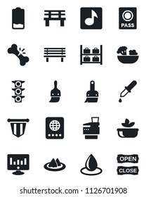 Set of vector isolated black icon - passport vector, luggage storage, pennant, statistic monitor, water drop, bench, dropper, broken bone, traffic light, low battery, themes, music, copier, salad