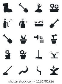 Set of vector isolated black icon - job vector, flower in pot, shovel, rake, seedling, watering, sproute, boot, hoe, sickle, garden sprayer, irrigation