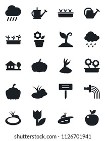 Set of vector isolated black icon - flower in pot vector, watering can, sproute, seedling, rain, plant label, pumpkin, pond, tulip, house with tree, apple fruit