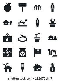 Set of vector isolated black icon - bomb in case vector, manager, contract, seedling, plant label, greenhouse, pond, fertilizer, important flag, application, point graph, house with tree, eco