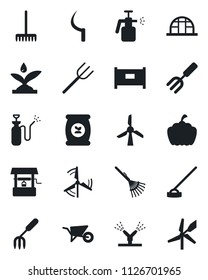 Set of vector isolated black icon - fence vector, garden fork, farm, rake, wheelbarrow, well, hoe, sickle, pumpkin, greenhouse, sprayer, fertilizer, windmill, irrigation