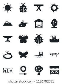 Set of vector isolated black icon - cafe vector, butterfly, lady bug, sun, pond, picnic table, brightness, pool, fruit tree, mountains, alcove