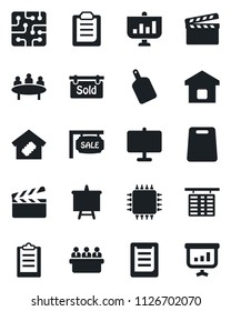 Set of vector isolated black icon - flight table vector, presentation board, meeting, clipboard, clapboard, sale, sold signboard, smart home, cutting, chip