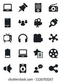 Set of vector isolated black icon - reel vector, radio, speaker, tv, video camera, cell phone, headphones, laptop pc, share, group, favorites list, paper pin, low battery, hdmi, remote control