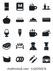 Set of vector isolated black icon - coffee vector, plant label, pumpkin, fridge, cook, alcohol, menu, reserved, reception, plates, egg stand, bread, vip zone, credit card, chicken, steak, kebab