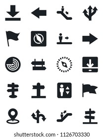 Set of vector isolated black icon - elevator vector, escalator, signpost, right arrow, left, radar, route, download, place tag, compass, flag, guidepost