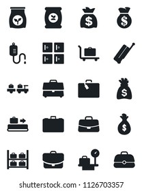 Set of vector isolated black icon - suitcase vector, baggage conveyor, trolley, larry, luggage storage, scales, checkroom, case, money bag, fertilizer, dropper