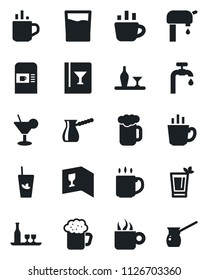Set of vector isolated black icon - hot cup vector, coffee machine, water supply, alcohol, wine card, drink, cocktail, phyto bar, beer, turkish