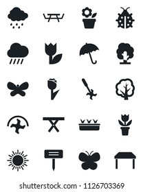 Set of vector isolated black icon - umbrella vector, sun, flower in pot, ripper, tree, butterfly, lady bug, seedling, rain, plant label, picnic table, tulip